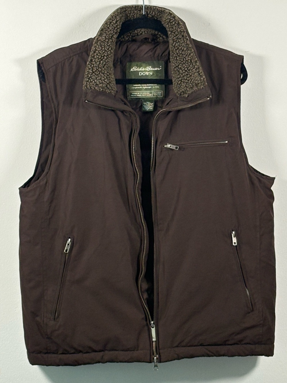 Eddie Bauer Men’s Medium Brown Goose Down Puffer Vest Fleece Collar Vintage